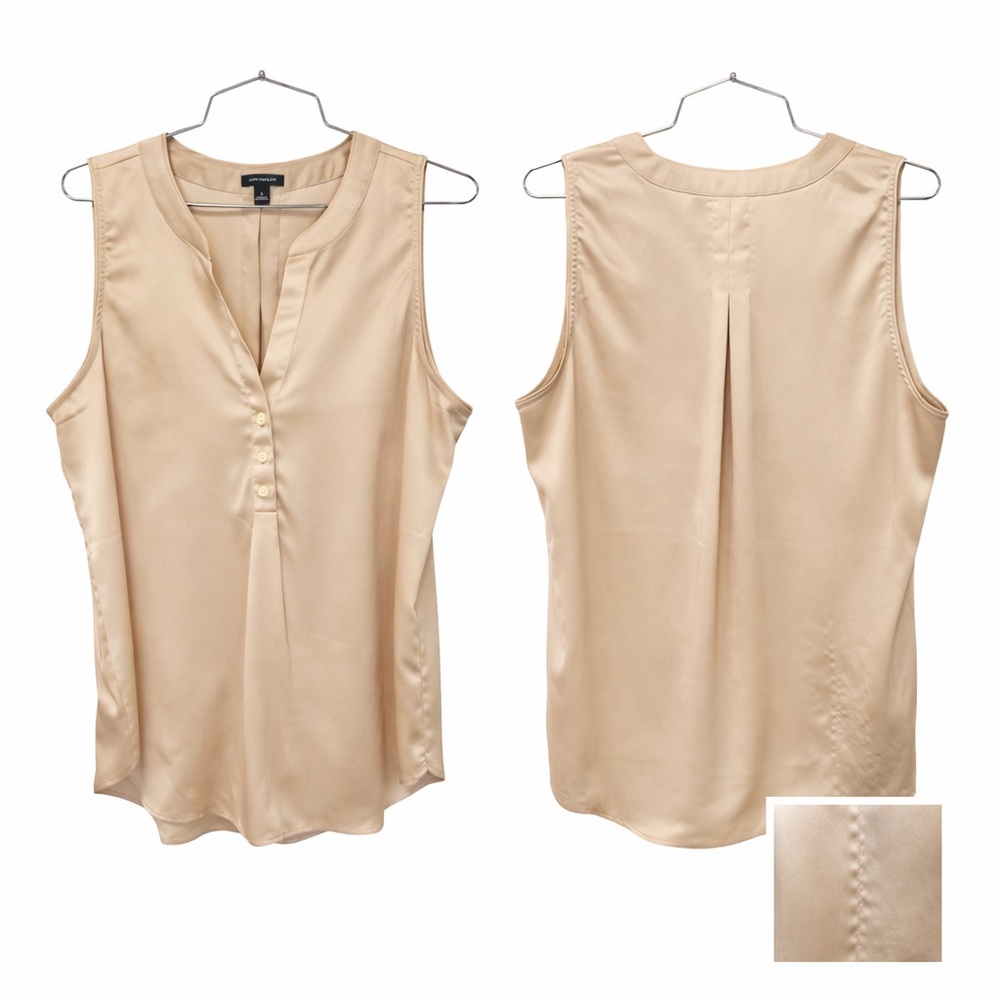 Ann Taylor Sleeveless Blouse Women’s Large Beige Satin Office Career Top - Picture 4 of 5